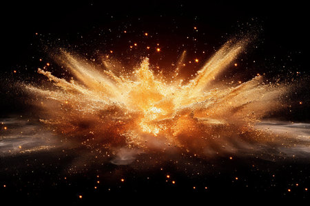Explosion of gold particles on black background. 3D illustration.の写真素材