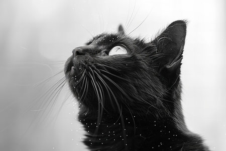 Black cat with big eyes on a gray background. Black and white photo.の写真素材