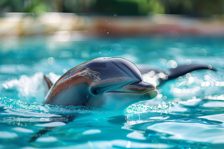 Dolphin in swimming pool, close-up view of head.の写真素材