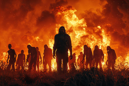 People standing in front of a large fire.