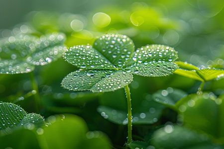 Green clover leaves with dew drops close up. Nature backgroundの写真素材