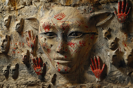 Close up of a woman's face painted with red paint on a wall
