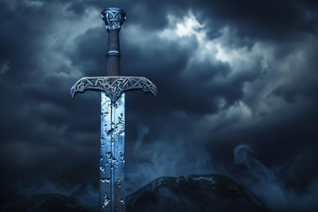 Sword in the dark stormy sky. 3d rendering illustration.