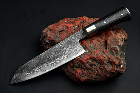 Knife and stone on a black background.