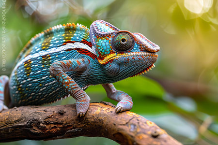 Colorful chameleon on a branch in the rainforest.