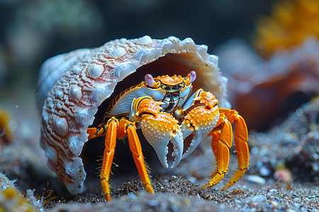 Close up view of a hermit crab on a coral reef.