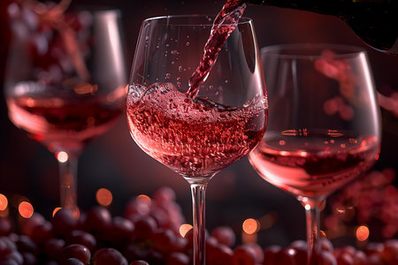Red wine pouring into wine glasses with red grapes on dark background.