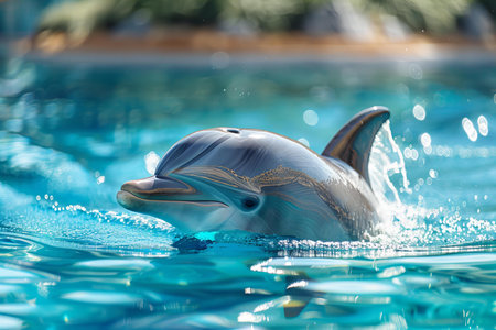 Dolphin jumping in the pool, close-up shot with shallow depth of fieldの写真素材