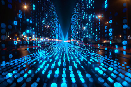 Binary code on the road. Technology concept. 3d rendering