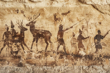 Ancient cave paintings on the walls of the cave in Cappadocia, Turkeyの写真素材