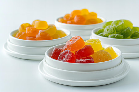 Colorful fruit jelly candies in white bowl on white background.