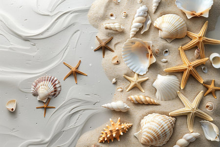 Sea shells and sand on grey background, top view. Summer vacation concept