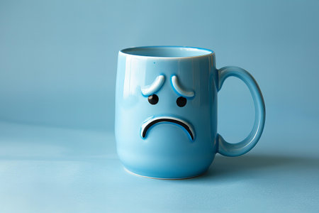 Coffee mug with sad face on blue background