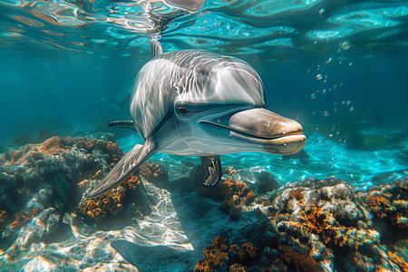 Dolphin swimming in the blue sea and looking at the camera.