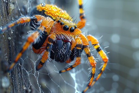 Close up of a spider on a spider web. Shallow depth of field.の写真素材