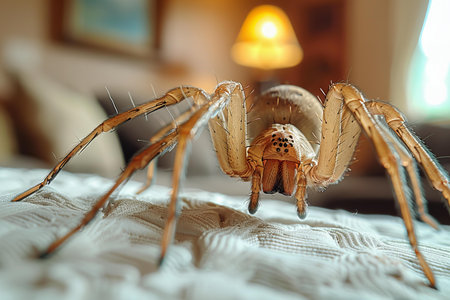 Close-up of a spider on the bed. Selective focus.の写真素材