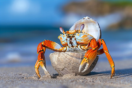 crab in the shell on the seashore close-upの写真素材