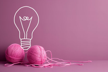 Light bulb and balls of yarn on pink background. Creative idea concept