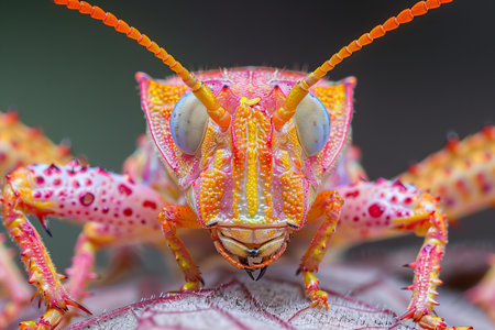 Close up of the head of a grasshopper on a leaf