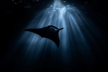 Manta ray in the deep blue sea. Underwater scene.