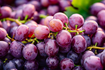 Close up of a bunch of red grapes in a vineyard.