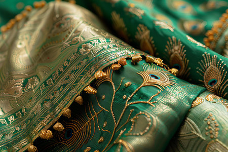 Detail of a traditional turquoise Indian paisley fabric