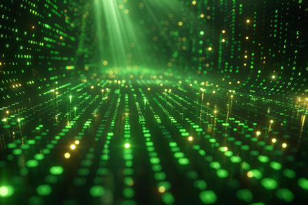 abstract green background with glowing particles and lines. 3d render