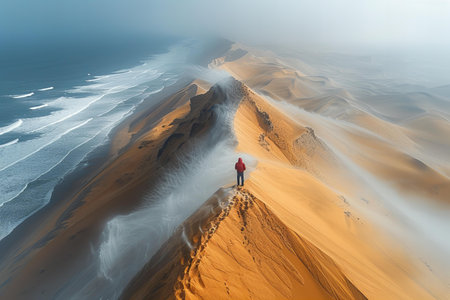 Man standing on top of sand dune in the Namib desert