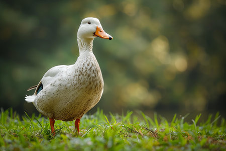 White duck standing on green grass and looking at the camera with blurred backgroundの写真素材