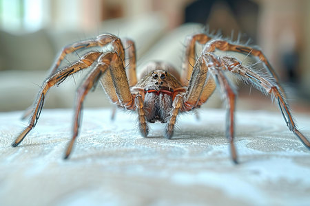 Close-up of a jumping spider on a background of a sofaの写真素材