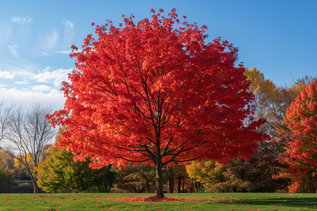 Autumn tree in the park with red leaves and blue sky.