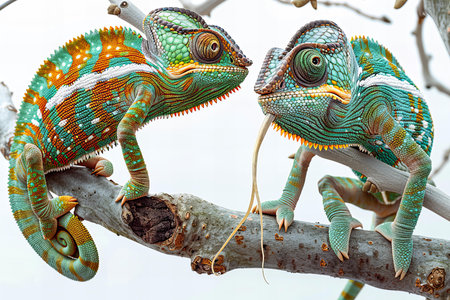 Close up of two colorful chameleons on a tree branch
