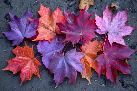Colorful autumn maple leaves on the ground. Seasonal background.