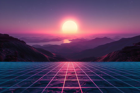 Futuristic landscape with grid and sun. 3d rendering.