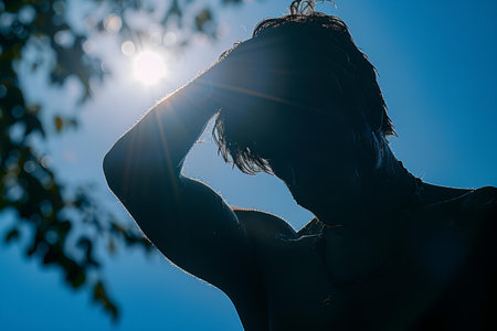 Silhouette of a young woman in the rays of the sunの写真素材