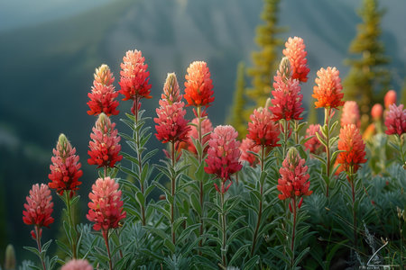 Colorful Indian Paintbrush flowers blooming in the mountains in summerの写真素材