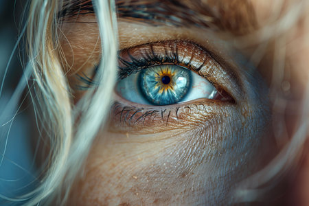 Close up of a beautiful woman's blue eye with long eyelashes.