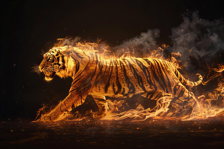 Tiger running in fire flames on dark background with smokeの写真素材