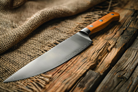 Kitchen knife on a wooden table with a burlap cloth.