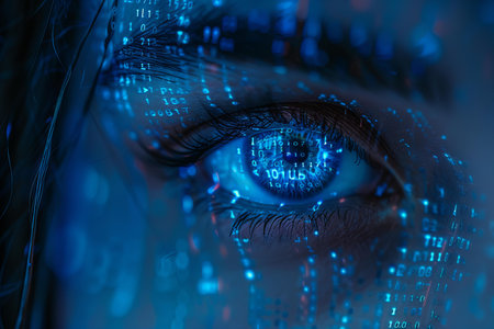 Close-up of woman eye with binary code. 3D rendering