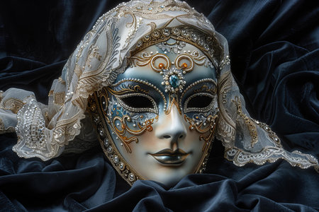 Venetian carnival mask on black silk background, closeupの写真素材