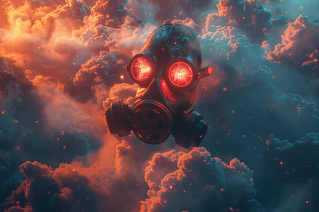 3d rendering of gas mask in the sky with smoke and fire