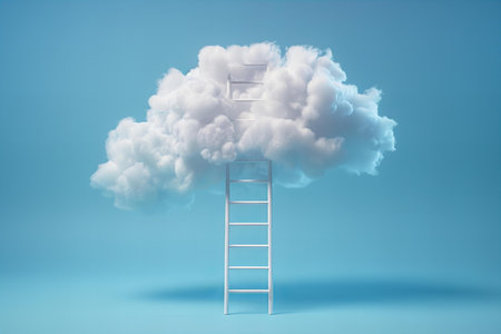Conceptual image of ladder leading to white cloud on blue background