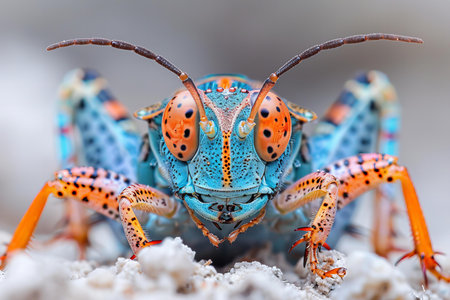 Close-up shot of a blue grasshopper on the sand