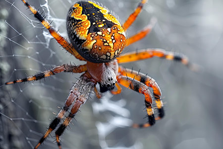 spider on the web in the forest, closeup of photoの写真素材