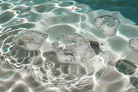 ice cubes on water surface with ripples, closeup of photo