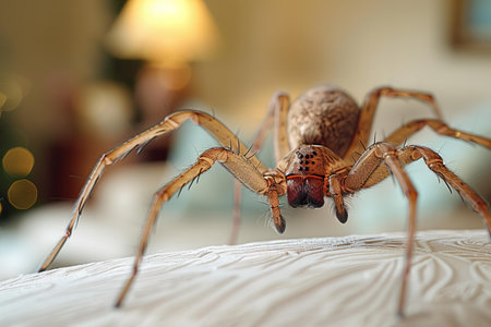 Close up of a jumping spider on the table in the room.