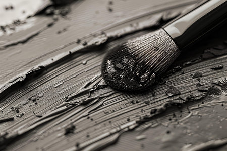 Cosmetic brush on the texture of black oil paint, closeup