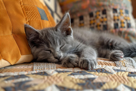 Cute little gray kitten sleeping on the bed with pillows.