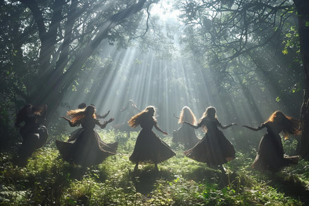 Beautiful women with long hair in the forest on a foggy day